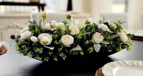 Cream Peony Flower Arrangement in Wood Dough Bowl