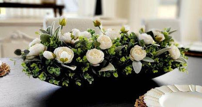 Cream Peony Flower Arrangement in Wood Dough Bowl