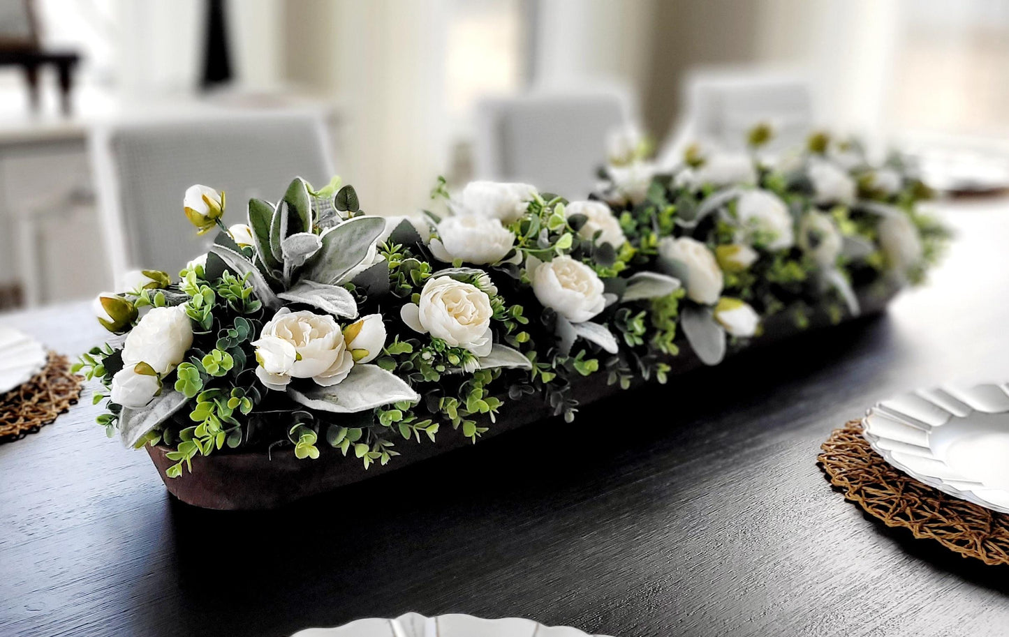 Wedding Table Centerpiece – Rustic Peony Floral Arrangement in Dough Bowl