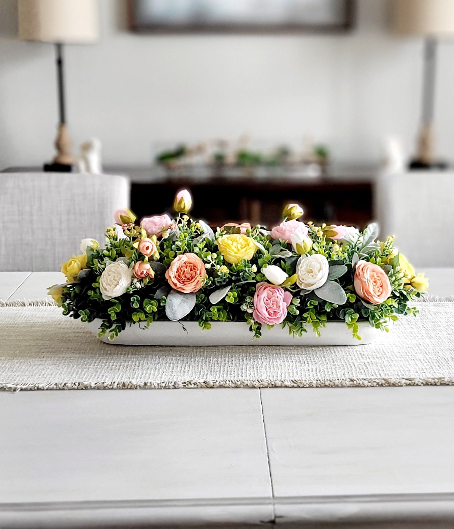 Farmhouse Table Centerpiece Rustic Dough Bowl Arrangement Silk Peach Rose Peony Flowers Faux Floral Display Artificial Greenery Collection Pastel Pink Blossoms Elegant Dining Room Styling Mantle Piece Ready Made Design No Maintenance Home