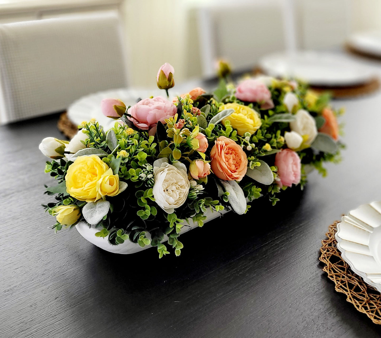Peach Flower Centerpiece – Silk Arrangement in Rustic Dough Bowl