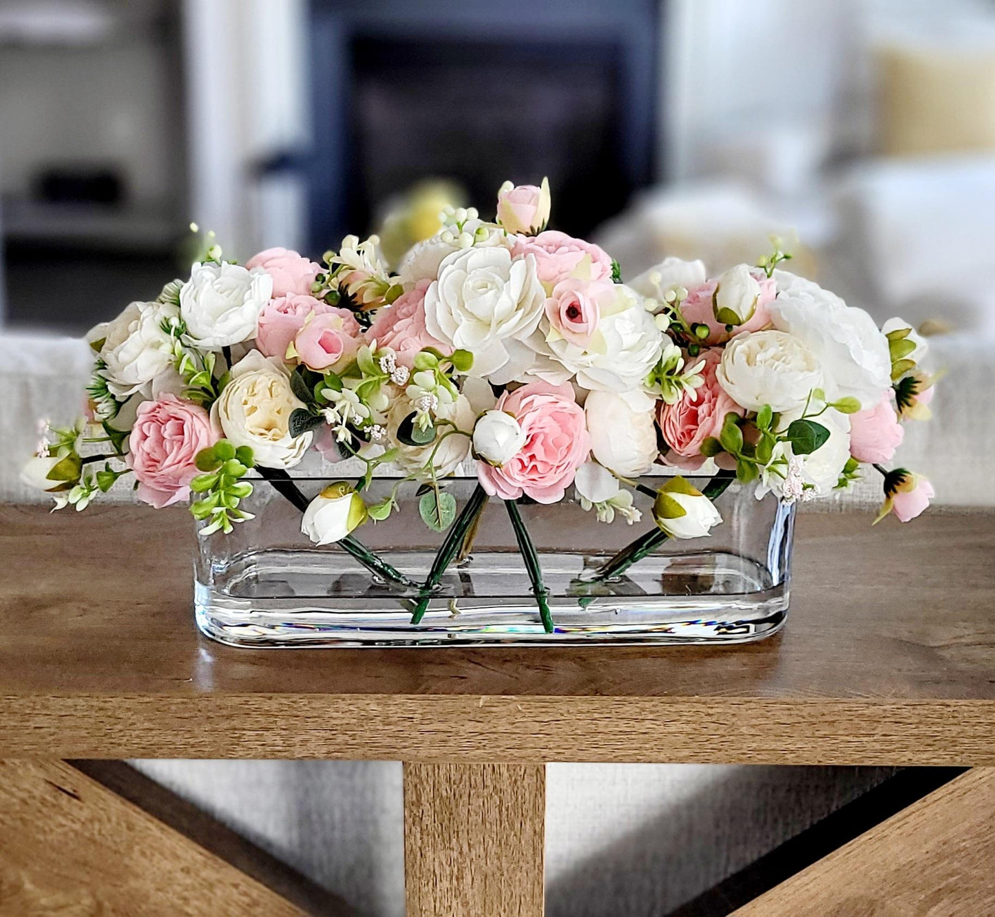 Silk Flower Centerpiece – Real Touch Roses & Peonies in Rectangular Glass Vase