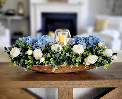 Dough Bowl Centerpiece – Handcrafted Farmhouse Floral Arrangement with Faux Hydrangeas