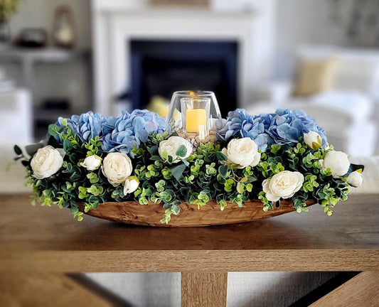 Dough Bowl Centerpiece – Handcrafted Farmhouse Floral Arrangement with Faux Hydrangeas