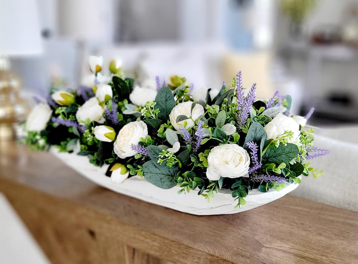 Rustic Farmhouse Table Centerpiece Lavender Dough Bowl Arrangement Natural Wood Hand Carved Bowl Silk Faux Lavender Flowers Artificial Peonies Eucalyptus Greenery Spring Home Styling Kitchen Display Dining Room Accent Perfect Gift For Mom