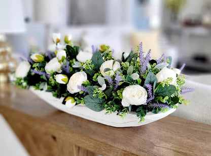 Rustic Farmhouse Table Centerpiece Lavender Dough Bowl Arrangement Natural Wood Hand Carved Bowl Silk Faux Lavender Flowers Artificial Peonies Eucalyptus Greenery Spring Home Styling Kitchen Display Dining Room Accent Perfect Gift For Mom