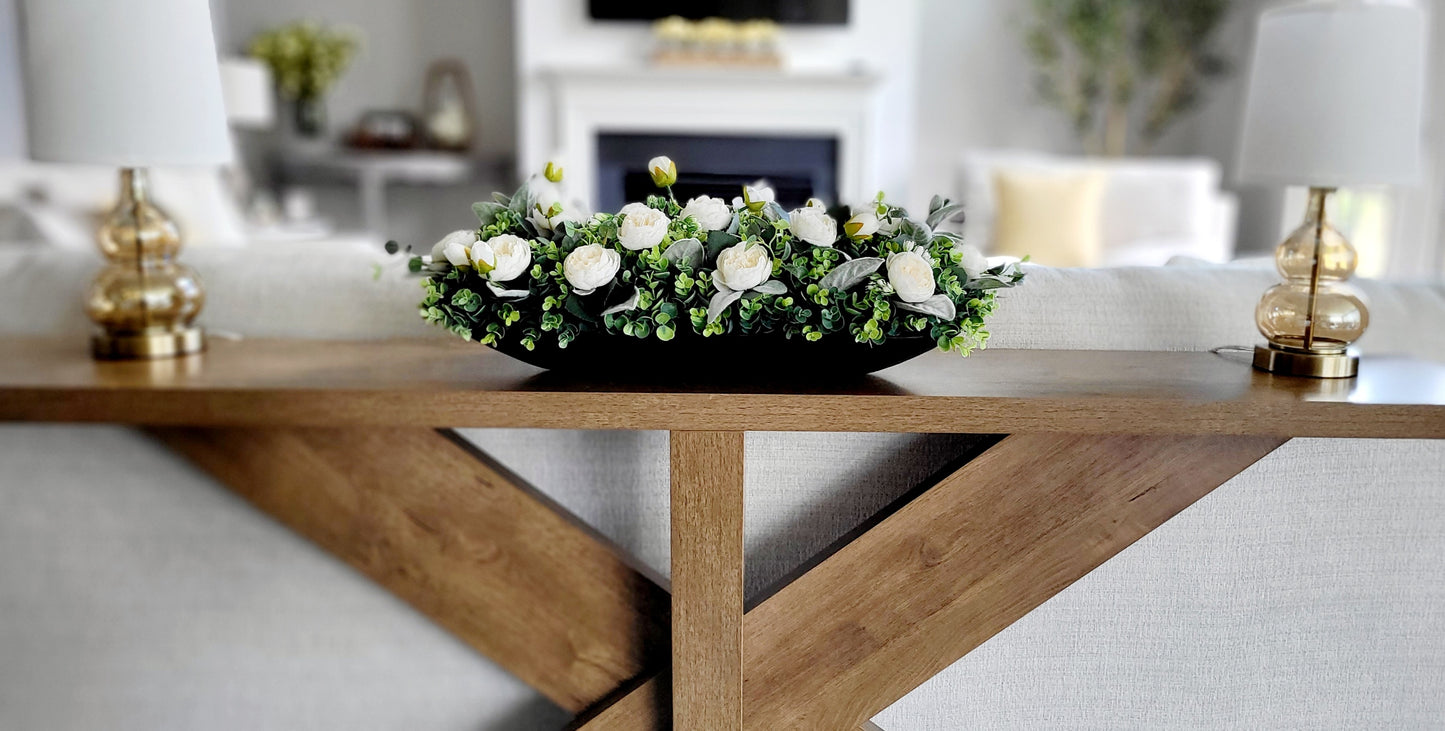 Cream Peony Flower Arrangement in Wood Dough Bowl