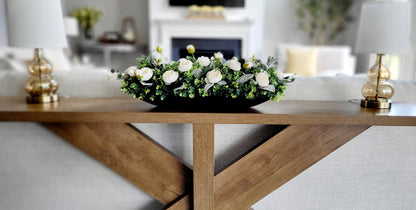 Cream Peony Flower Arrangement in Wood Dough Bowl