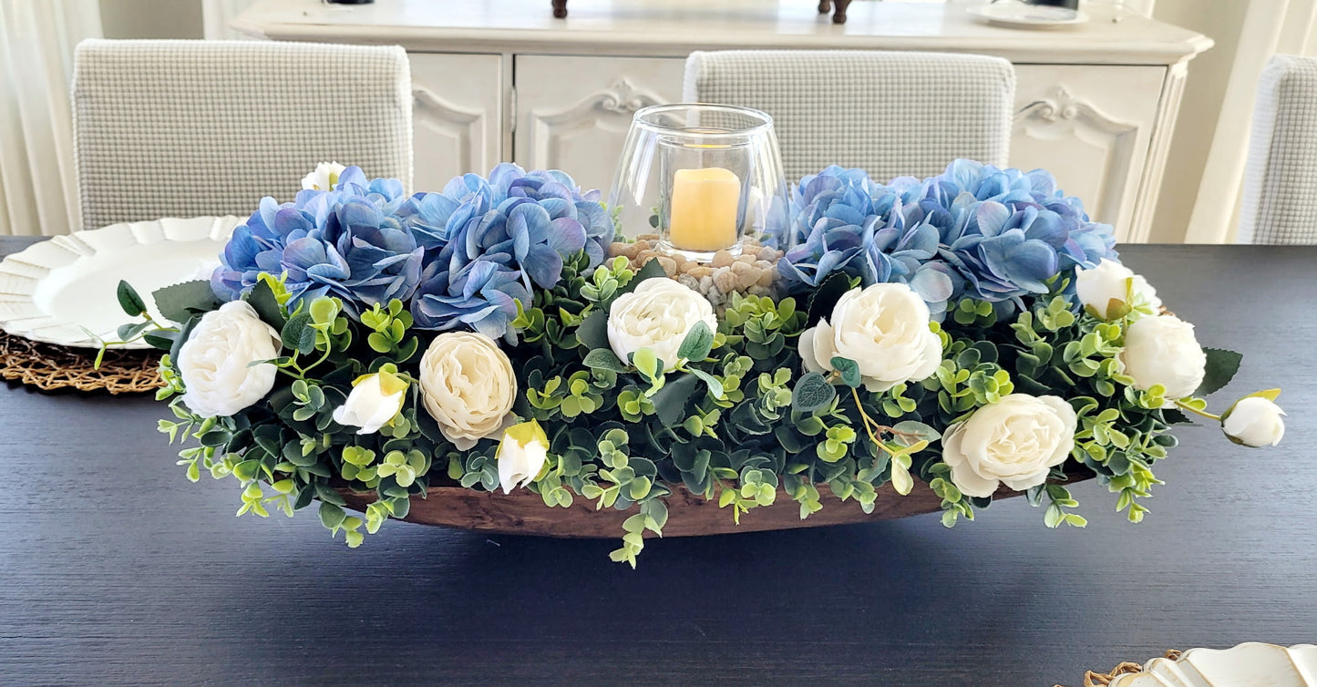 Dough Bowl Centerpiece – Handcrafted Farmhouse Floral Arrangement with Faux Hydrangeas