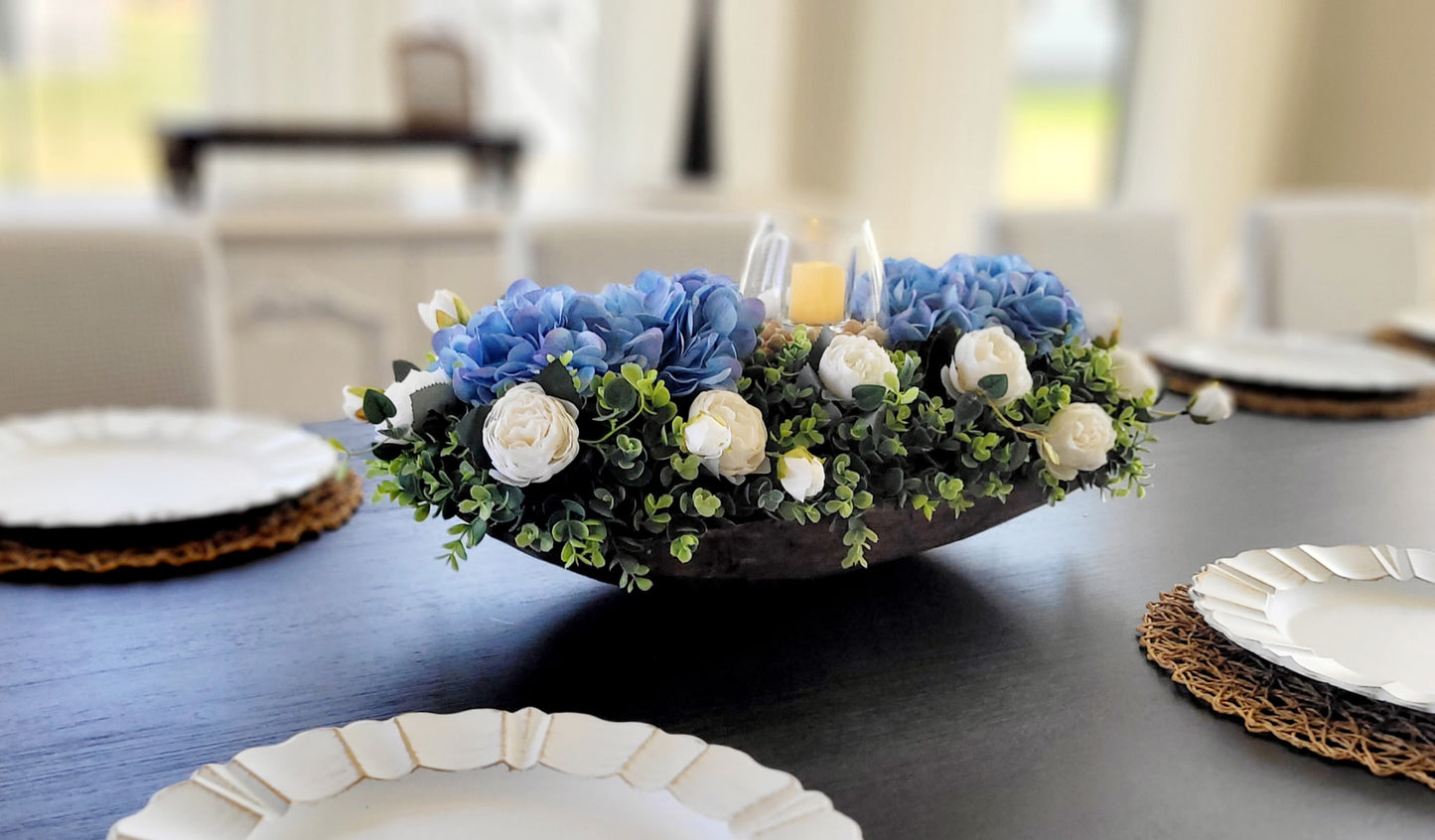 Dough Bowl Centerpiece – Handcrafted Farmhouse Floral Arrangement with Faux Hydrangeas