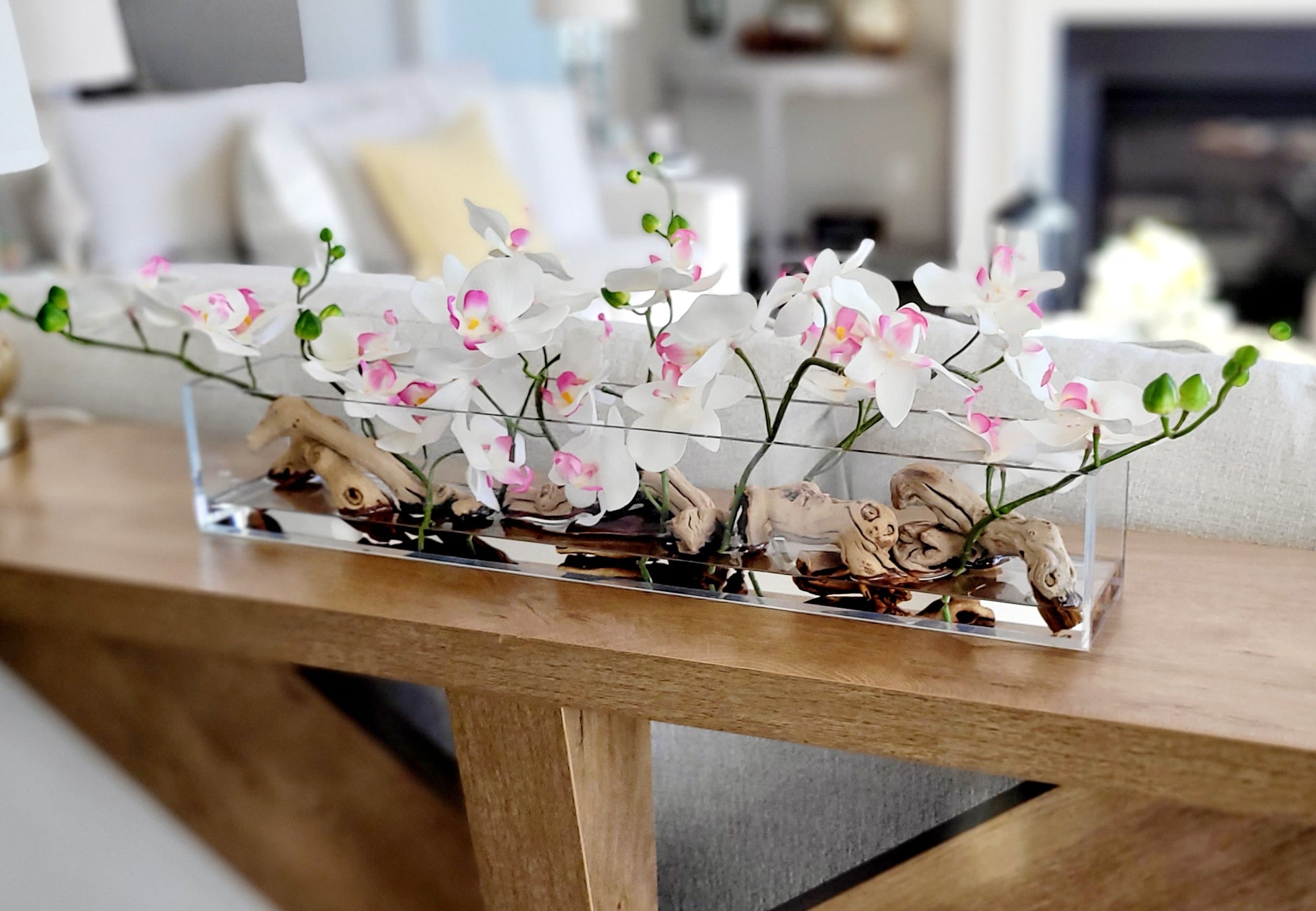 Pink Silk Flowers Glass Vase Arrangement Artificial Orchid Centerpiece Modern Table Display Faux Flower Design Realistic Orchid Blooms Pink White Color Scheme Maintenance Free Home Styling Elegant Living Room Centerpiece Contemporary Mantle