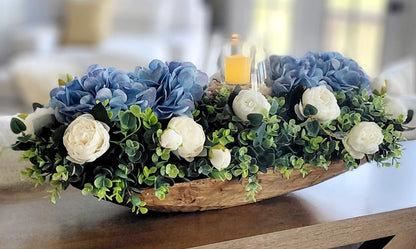 Dough Bowl Centerpiece – Handcrafted Farmhouse Floral Arrangement with Faux Hydrangeas
