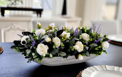 Spring Table Centerpiece Lavender Dough Bowl Arrangement Farmhouse Kitchen Display Rustic Dining Room Accent Hand Carved Wood Bowl Silk Faux Flowers Artificial Lavender Peonies Eucalyptus Greenery Natural Home Styling Perfect Seasonal Gift