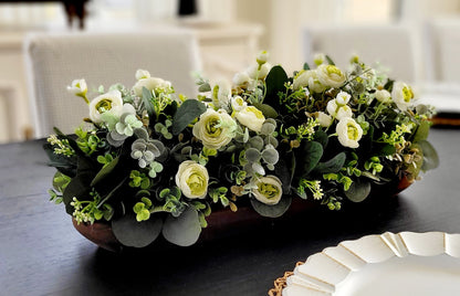 Farmhouse Centerpiece – Dough Bowl with Faux Ranunculus and Eucalyptus Rustic Dining Table Decor