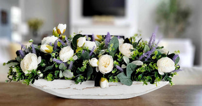Lavender Arrangement Gift For Mom Rustic Farmhouse Centerpiece Spring Table Display Hand Carved Wood Dough Bowl Silk Faux Flowers Artificial Peonies Eucalyptus Greenery Perfect Hostess Present Natural Home Styling Kitchen Dining Room Accent