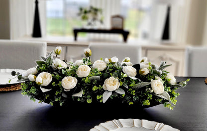 Cream Peony Flower Arrangement in Wood Dough Bowl