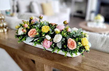 Silk Flower Arrangement Rustic Dough Bowl Centerpiece Peach Rose Peony Collection Faux Floral Display Dining Table Styling Artificial Greenery Accents Pastel Pink Blossoms Farmhouse Home Enhancement Elegant Mantle Piece Ready Made Design No