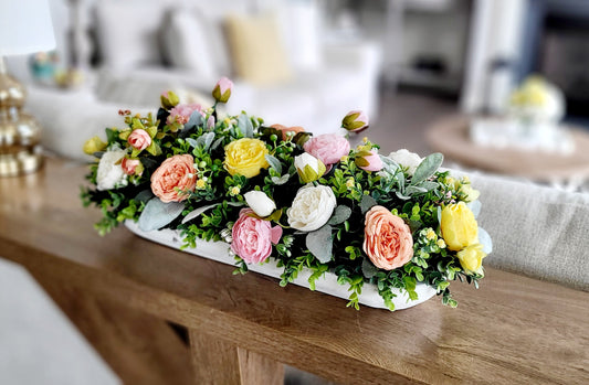 Silk Flower Arrangement Rustic Dough Bowl Centerpiece Peach Rose Peony Collection Faux Floral Display Dining Table Styling Artificial Greenery Accents Pastel Pink Blossoms Farmhouse Home Enhancement Elegant Mantle Piece Ready Made Design No