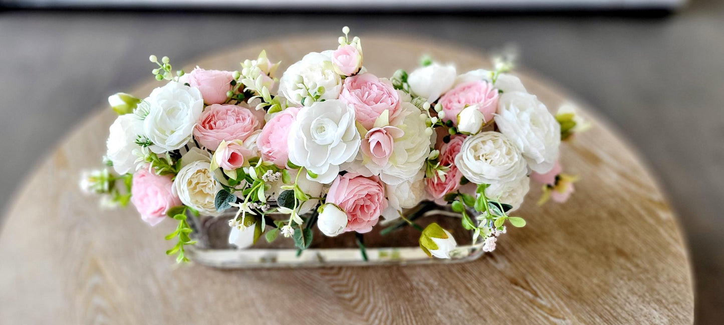 Silk Flower Centerpiece – Real Touch Roses & Peonies in Rectangular Glass Vase