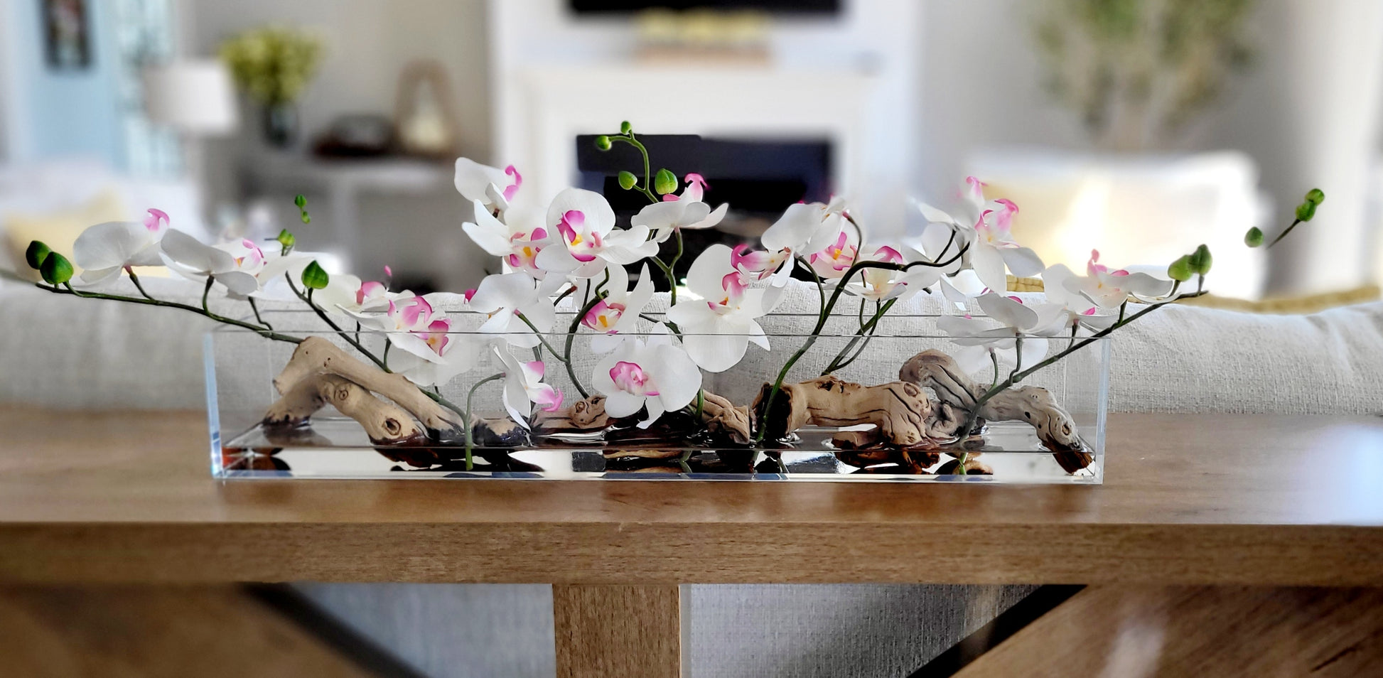 Modern Glass Vase Centerpiece Artificial Orchid Arrangement Pink Silk Flowers Faux Orchid Display Contemporary Home Styling Realistic Flower Design Maintenance Free Pink White Blooms Elegant Table Centerpiece Living Room Enhancement Mantle