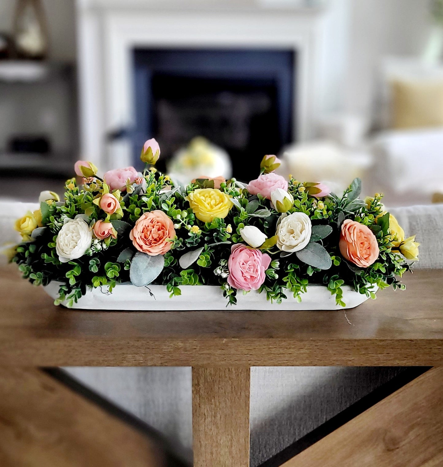 Peach Flower Centerpiece – Silk Arrangement in Rustic Dough Bowl