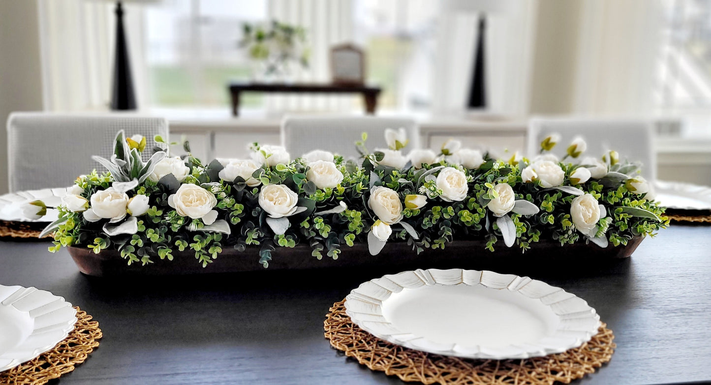 Wedding Table Centerpiece – Rustic Peony Floral Arrangement in Dough Bowl