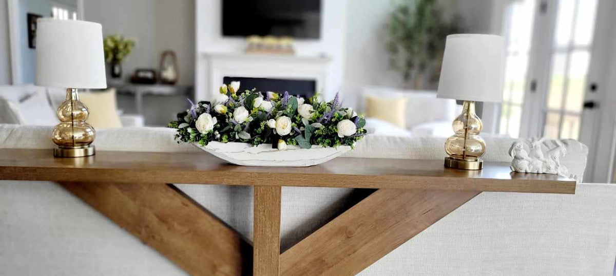 Hand Carved Wood Dough Bowl Lavender Centerpiece Arrangement Rustic Farmhouse Table Display Spring Kitchen Styling Silk Faux Flowers Artificial Peonies Eucalyptus Greenery Natural Home Accent Perfect Gift For Mom Hostess Present Dining Room