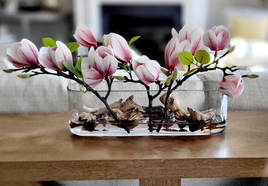 Faux Orchid Arrangement – Elegant Glass Vase Centerpiece with Realistic Silk Flowers