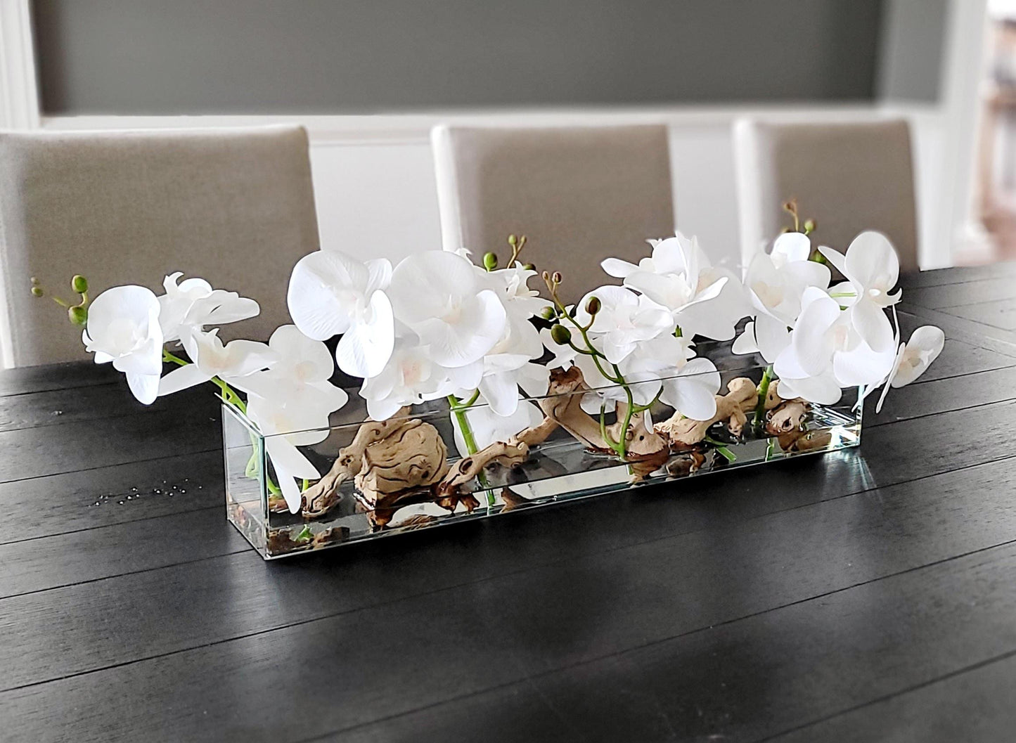 Orchid Centerpiece Silk Flower Arrangement Dining Table Decor Elegant Glass Vase Driftwood Accents Maintenance Free Display Realistic Floral Design Home Decoration Piece Sophisticated Interior Accent Always In Bloom Artificial Orchids Faux