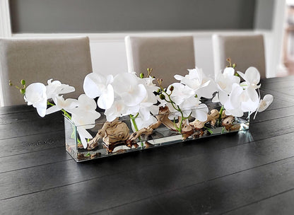 Orchid Centerpiece Silk Flower Arrangement Dining Table Decor Elegant Glass Vase Driftwood Accents Maintenance Free Display Realistic Floral Design Home Decoration Piece Sophisticated Interior Accent Always In Bloom Artificial Orchids Faux