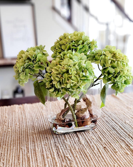 Realistic Silk Hydrangea Arrangement Glass Vase Display French Country Farmhouse Style Dining Table Centerpiece Living Room Accent Maintenance Free Permanent Floral Design Real Feel Texture Quality Resin Water Driftwood Natural Elements