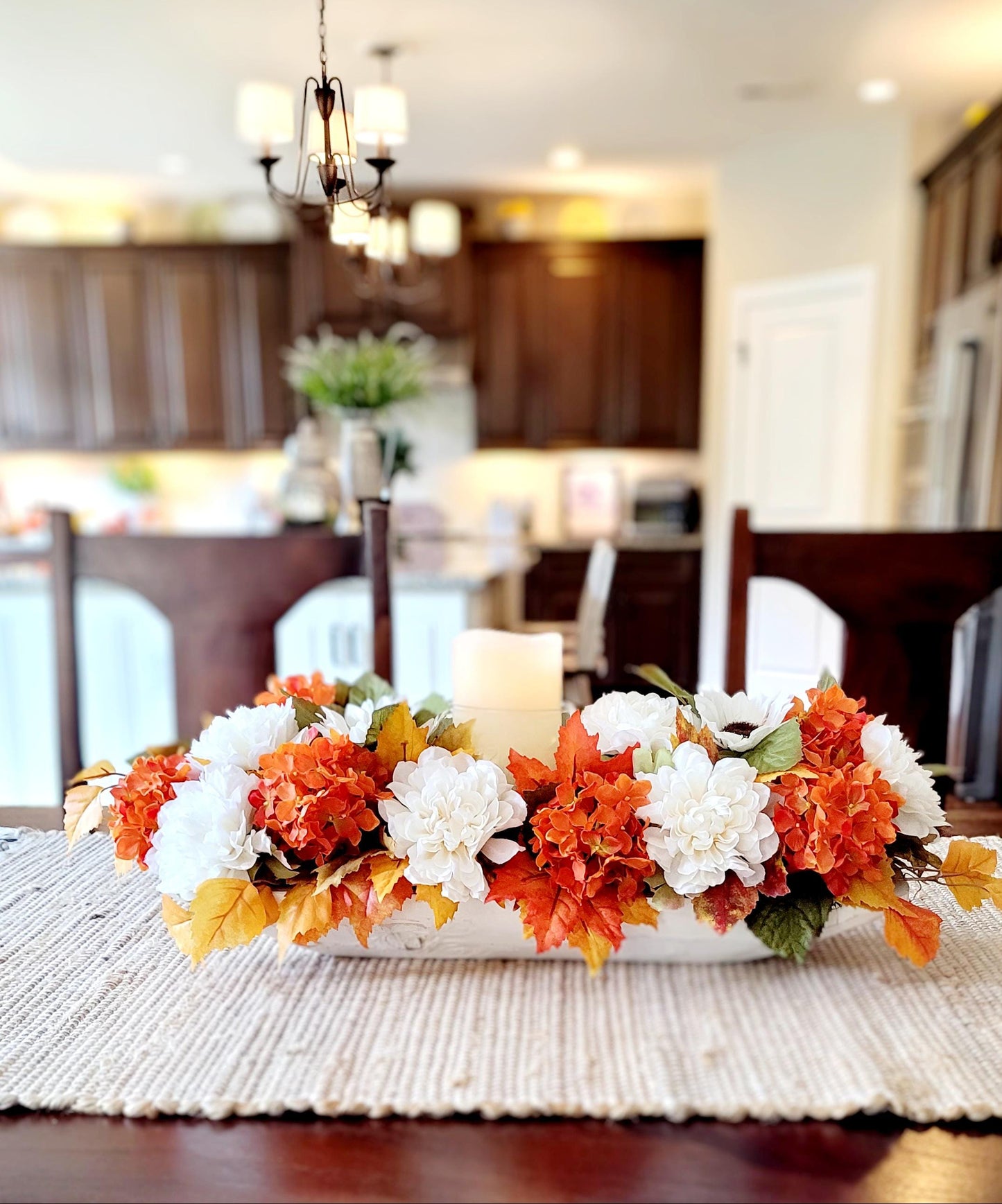 Farmhouse fall Centerpiece Fall dining table arrangement fall candle arrangement gift new home floral gift fall entry decor dough bowl fall