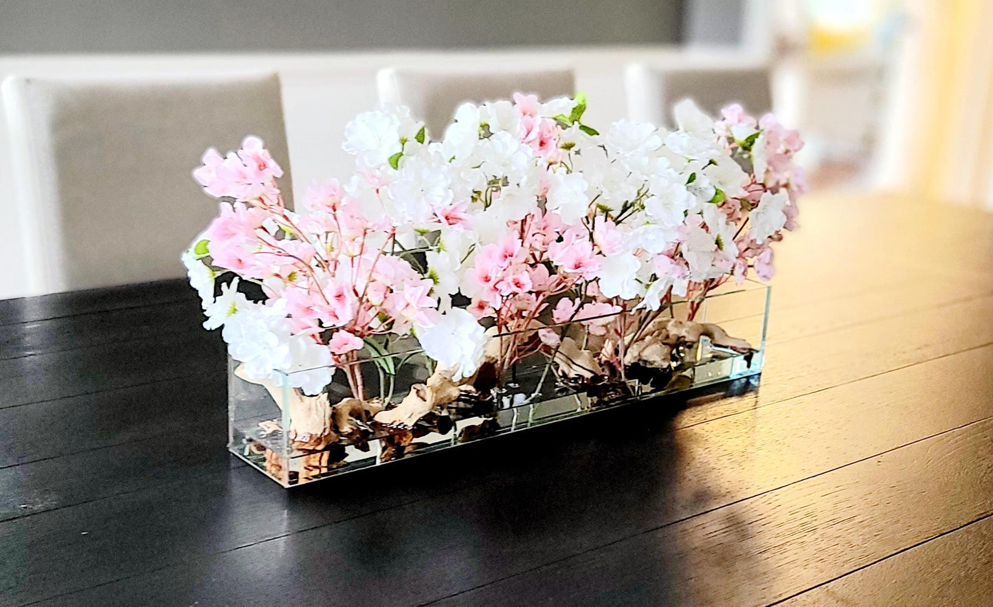 Cherry Blossom Arrangement Farmhouse Style Centerpiece Artificial Floral Display Modern Glass Vase Design White Pink Silk Flowers Spring Home Decor Realistic Faux Blossoms Dining Table Accent Elegant Contemporary Styling Driftwood Detail
