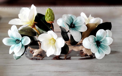 Dining Table Centerpiece – Blue Magnolia Arrangement in Long Glass Vase