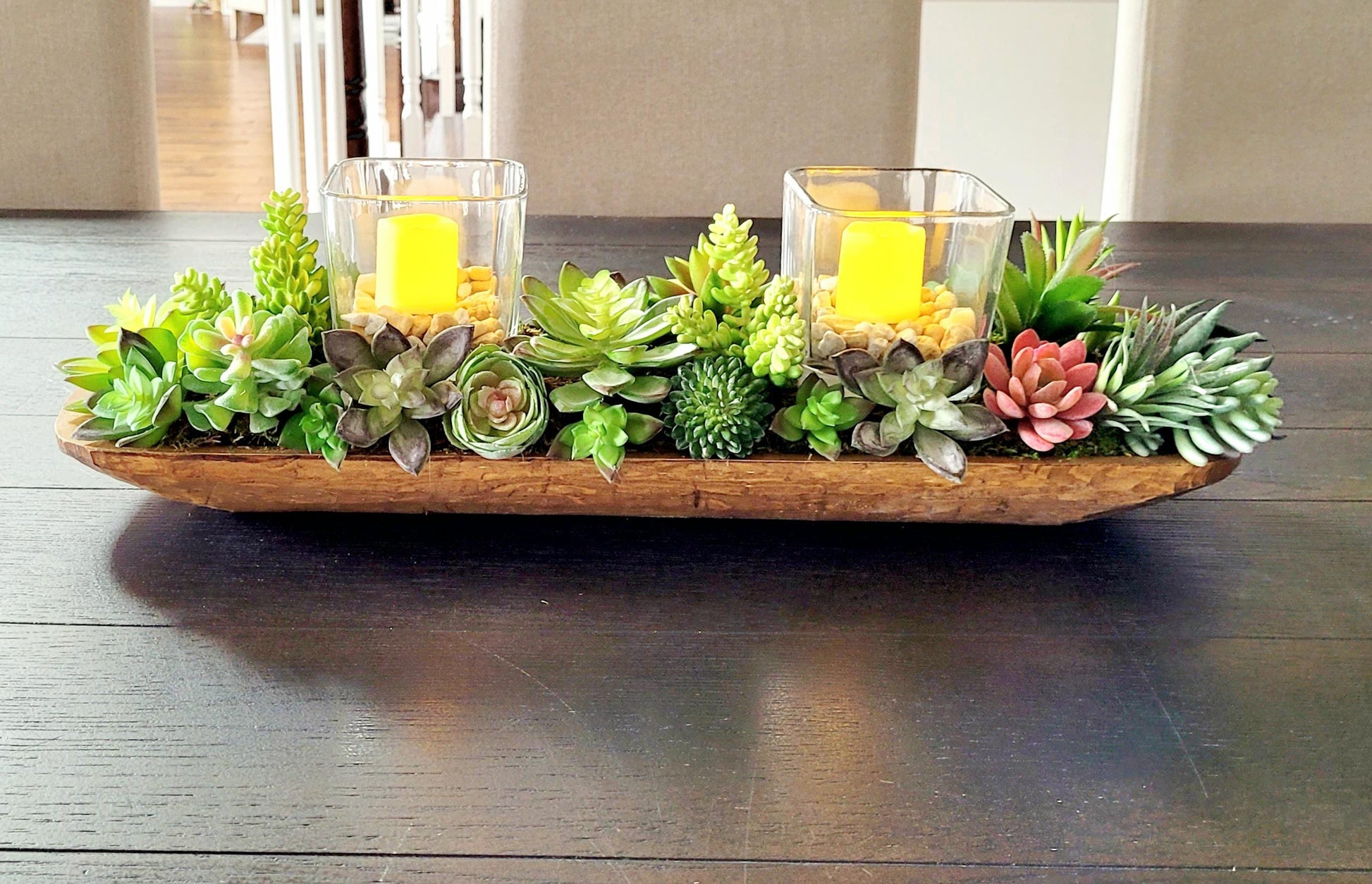 Dining Table Centerpiece Artificial Succulent Arrangement Rustic Dough Bowl Display Purple Cactus Accent Faux Plant Collection Maintenance Free Design Home Decor Statement Piece Farmhouse Style Accent Kitchen Island Decoration Long Table