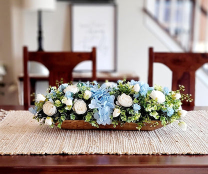 Silk Hydrangea Arrangement Blue Flower Centerpiece Rustic Wooden Dough Bowl Artificial Peony Rose Floral Display Farmhouse Kitchen Table Dining Room Decoration Faux Botanical Greenery Elements Country Cottage Style Home Accent Wedding
