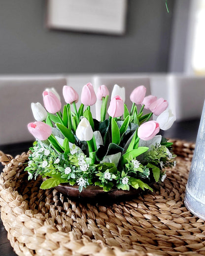 Round Table Centerpiece – Silk Tulip Arrangement in Dough Bowl Spring Dining Decor