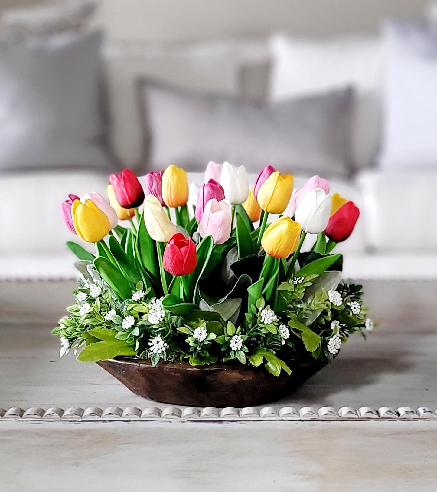 Dough Bowl Centerpiece Silk Tulip Arrangement Round Table Decoration Spring Floral Display Dining Room Accent Artificial Flower Collection Real Touch Blooms Elegant Table Styling Premium Quality Materials Realistic Appearance Long Lasting