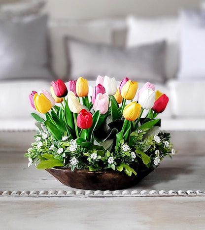 Dough Bowl Centerpiece Silk Tulip Arrangement Round Table Decoration Spring Floral Display Dining Room Accent Artificial Flower Collection Real Touch Blooms Elegant Table Styling Premium Quality Materials Realistic Appearance Long Lasting