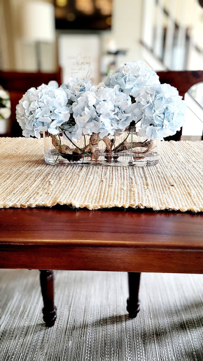 French Country Hydrangea Arrangement Glass Vase Centerpiece Artificial Silk Flowers Dining Table Decor Beautiful Home Styling Elegant Floral Design Modern Vase Detail Quality Resin Accents Driftwood Elements Realistic Looking Blooms Perfect