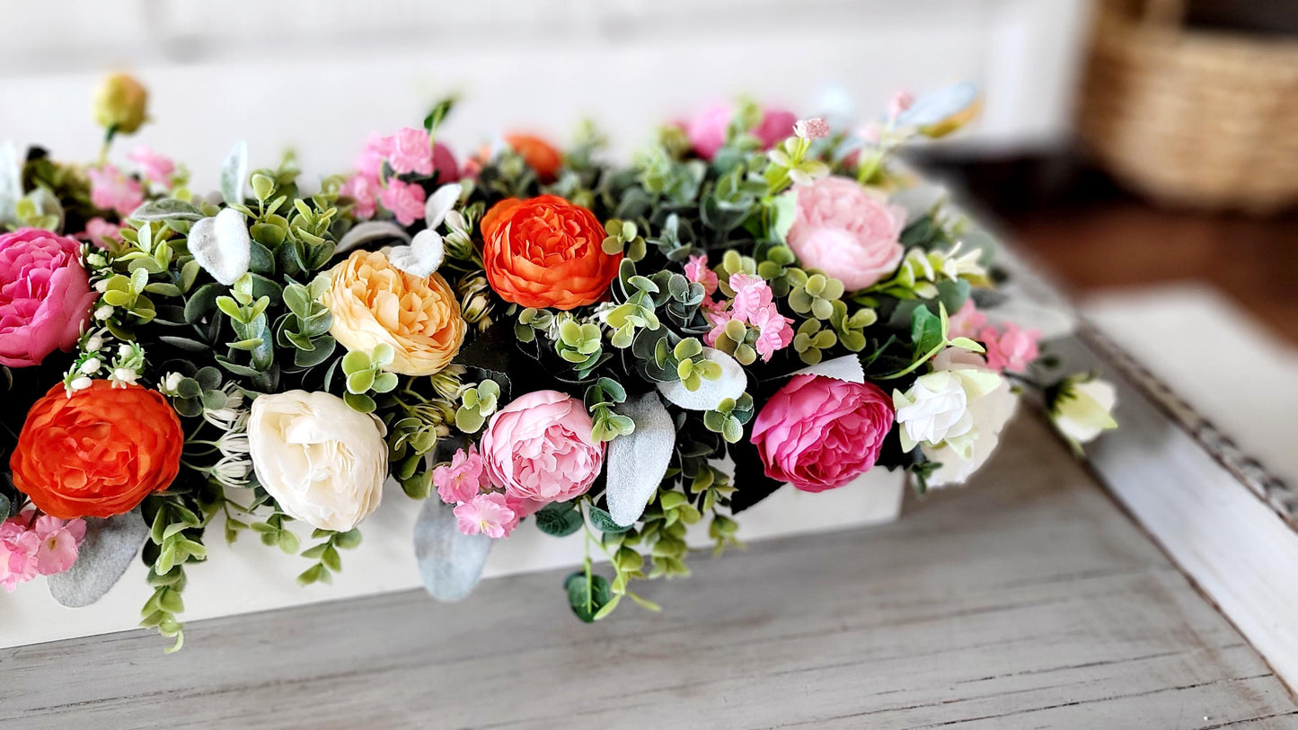 Dining Table Centerpiece – Farmhouse Wood Box with Silk Peonies Spring Kitchen Decor