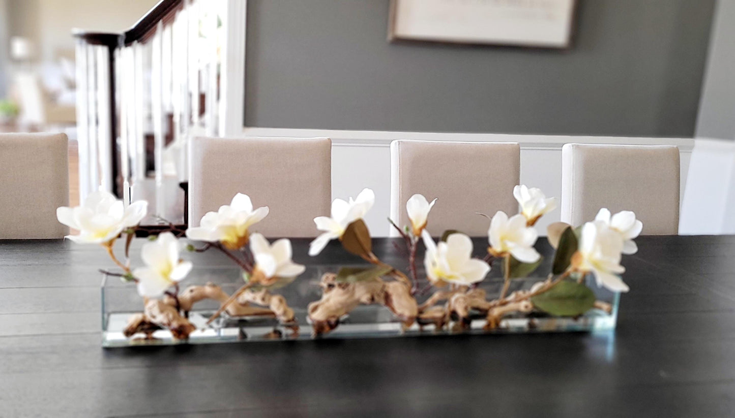 Luxury Home Decor Glass Vase Centerpiece Silk Magnolia Arrangement Elegant Dining Table Accent Mantle Decoration Display Realistic Faux Flowers Artificial Floral Design Quality Interior Element Classic Style Arrangement Year Round Beauty