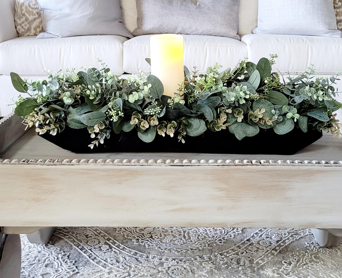Dough Bowl Centerpiece – Rustic Farmhouse Table Arrangement with Faux Greenery and Candle