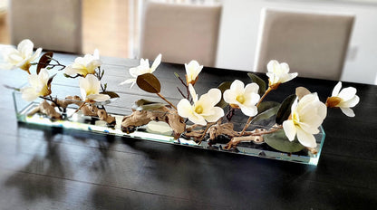 Glass Vase Centerpiece – Elegant Silk Magnolia Arrangement for Dining Table & Mantle