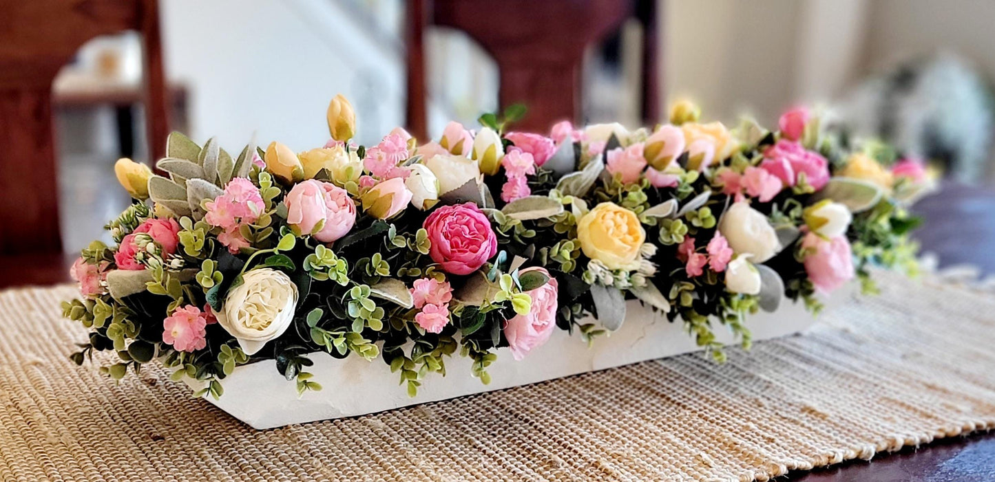 Dough Bowl Centerpiece – Silk Peony Floral Arrangement for Farmhouse Mantle Decor