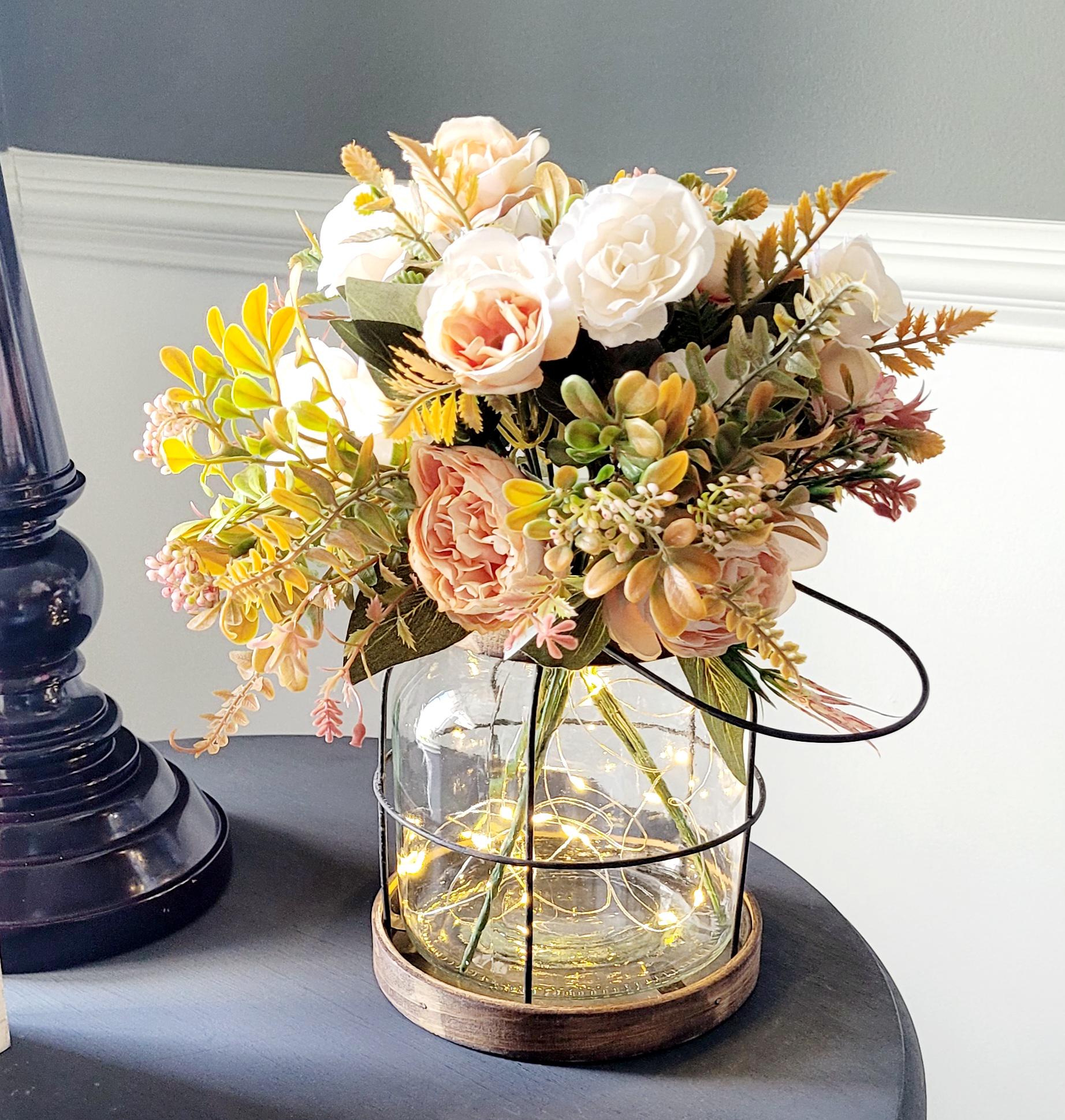 Artificial Peony Arrangement Farmhouse Style Lantern Illuminated Table Centerpiece Fairy Light Display Mint Green Ivory Floral Collection Rustic Home Decor Year Round Decorative Accent Living Room Dining Area Bedroom Nightstand Versatile
