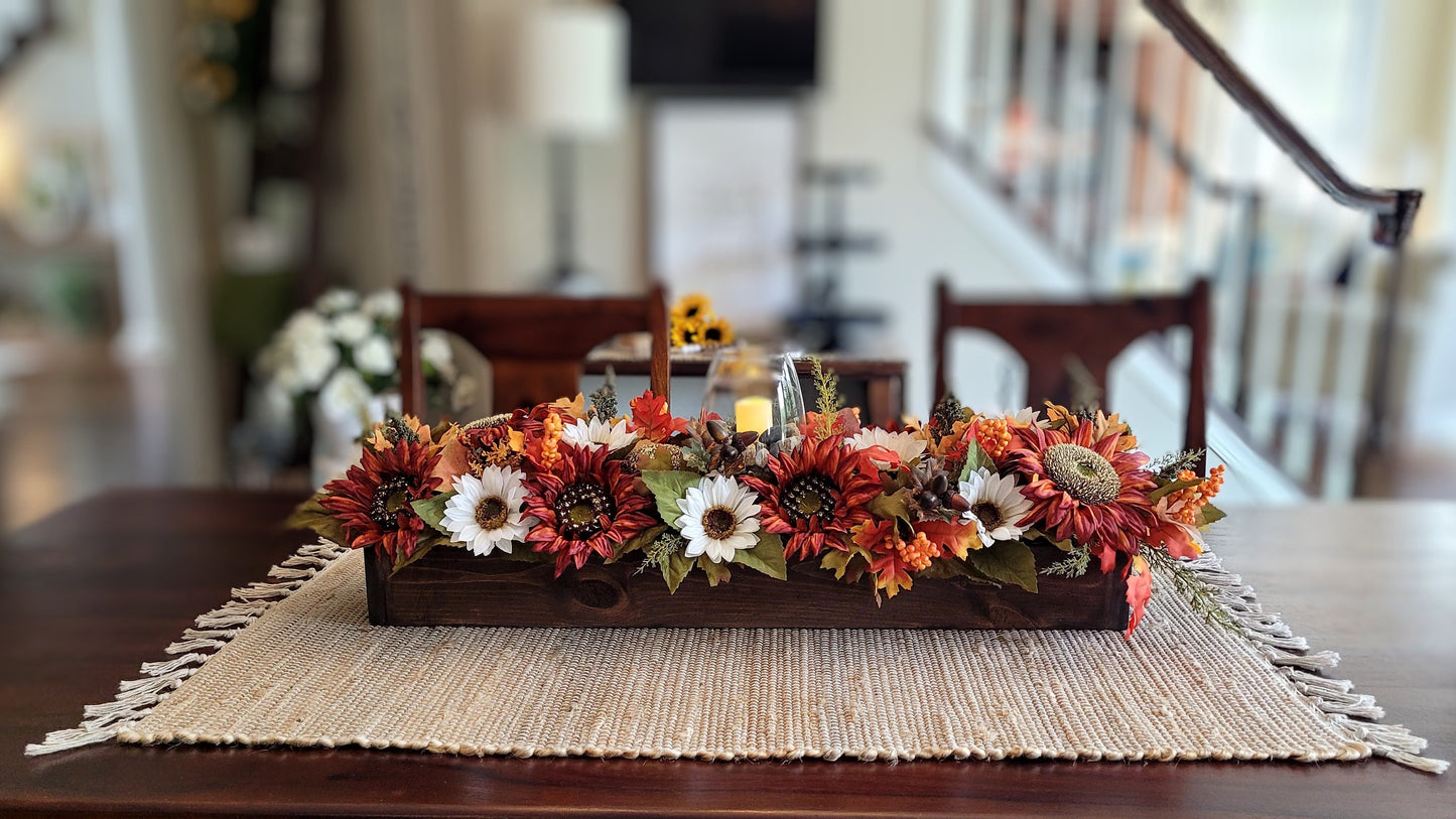 Fall farmhouse dining table arrangement Sunflower table centerpiece Rustic long box floral arrangement mantle fall decor candle centerpiece