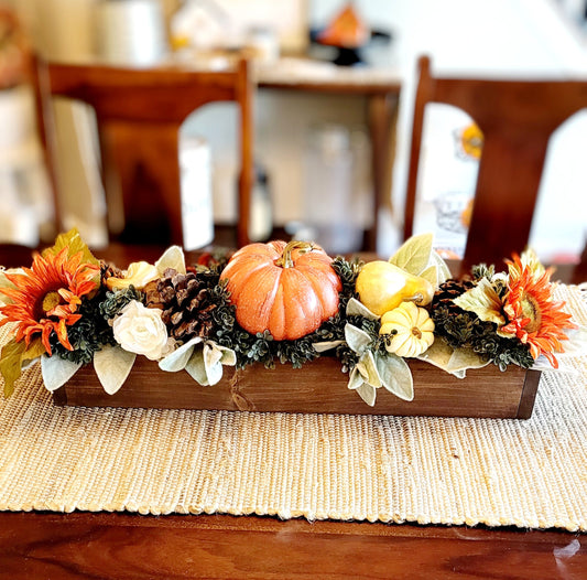 Fall Pumpkins Arrangement in 25” long wood planter box fall centerpiece in wood box fall flowers for mantle in wooden planter box