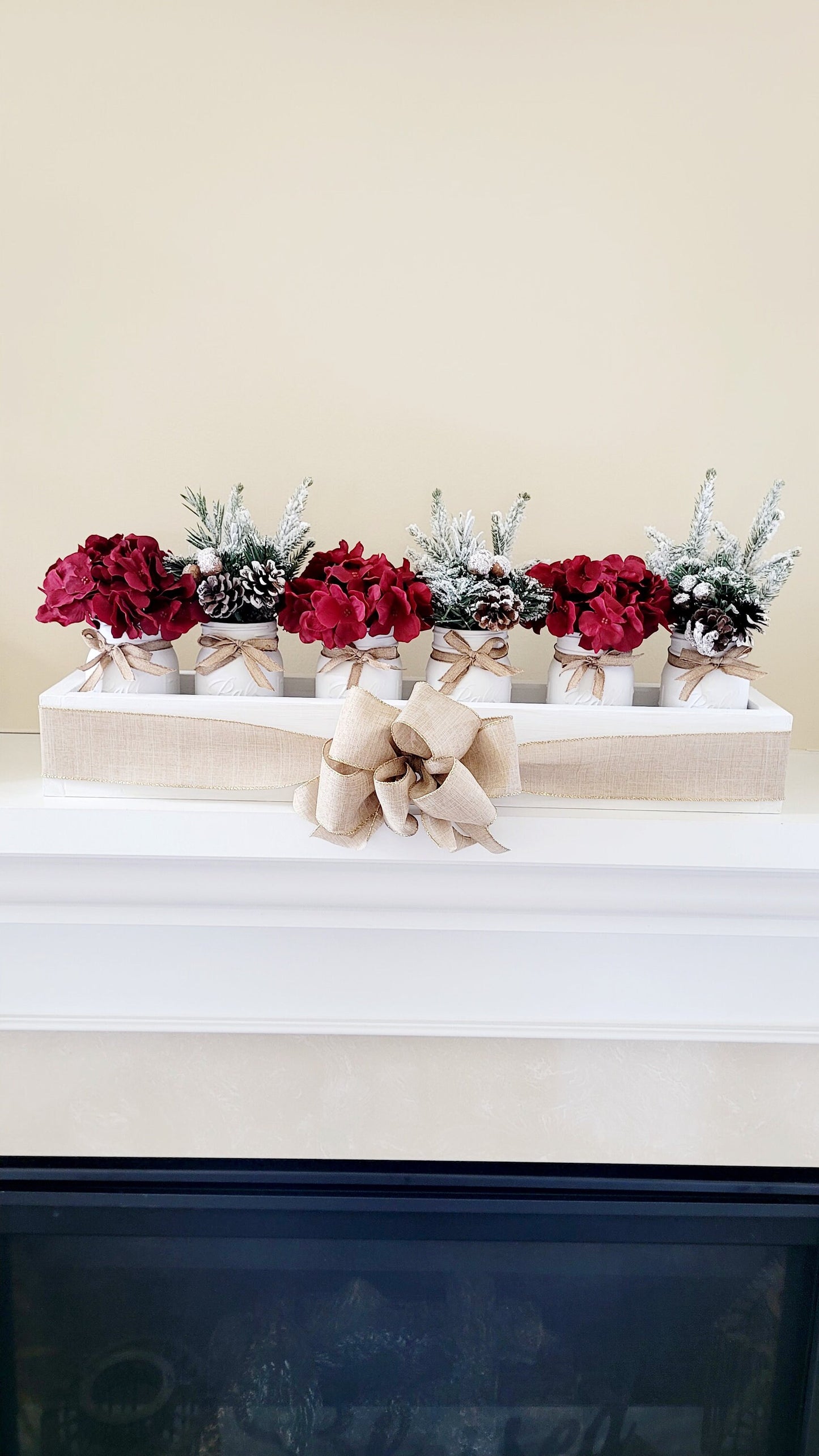 Farmhouse Mason Jar Wood Box Centerpiece Mantle Wood box Arrangement Christmas Dining Table Arrangement Holiday Table Arrangement Long Box