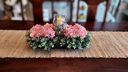 Rustic Wood Floral Centerpiece Hydrangea Farmhouse Dough Bowl Pink Hydrangea Farmhouse Arrangement Candle Centerpiece Dough Bowl Decor
